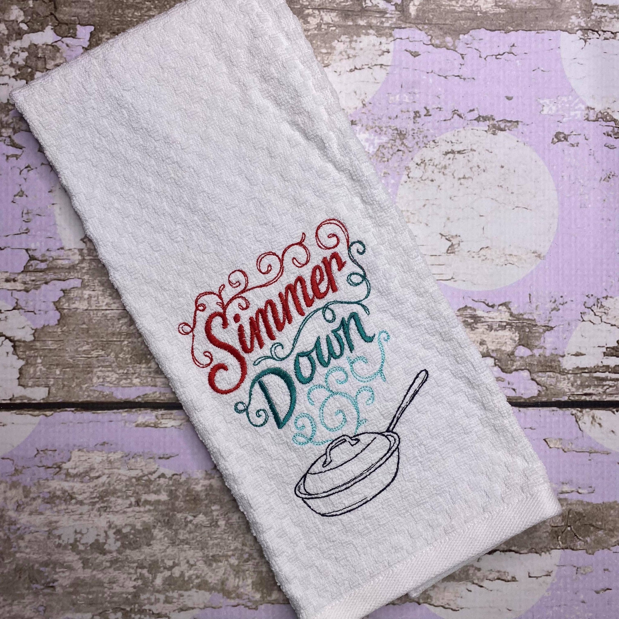 Simmer Down Embroidered Kitchen Towel - Waffle Weave Towel - Flour Sack Towel