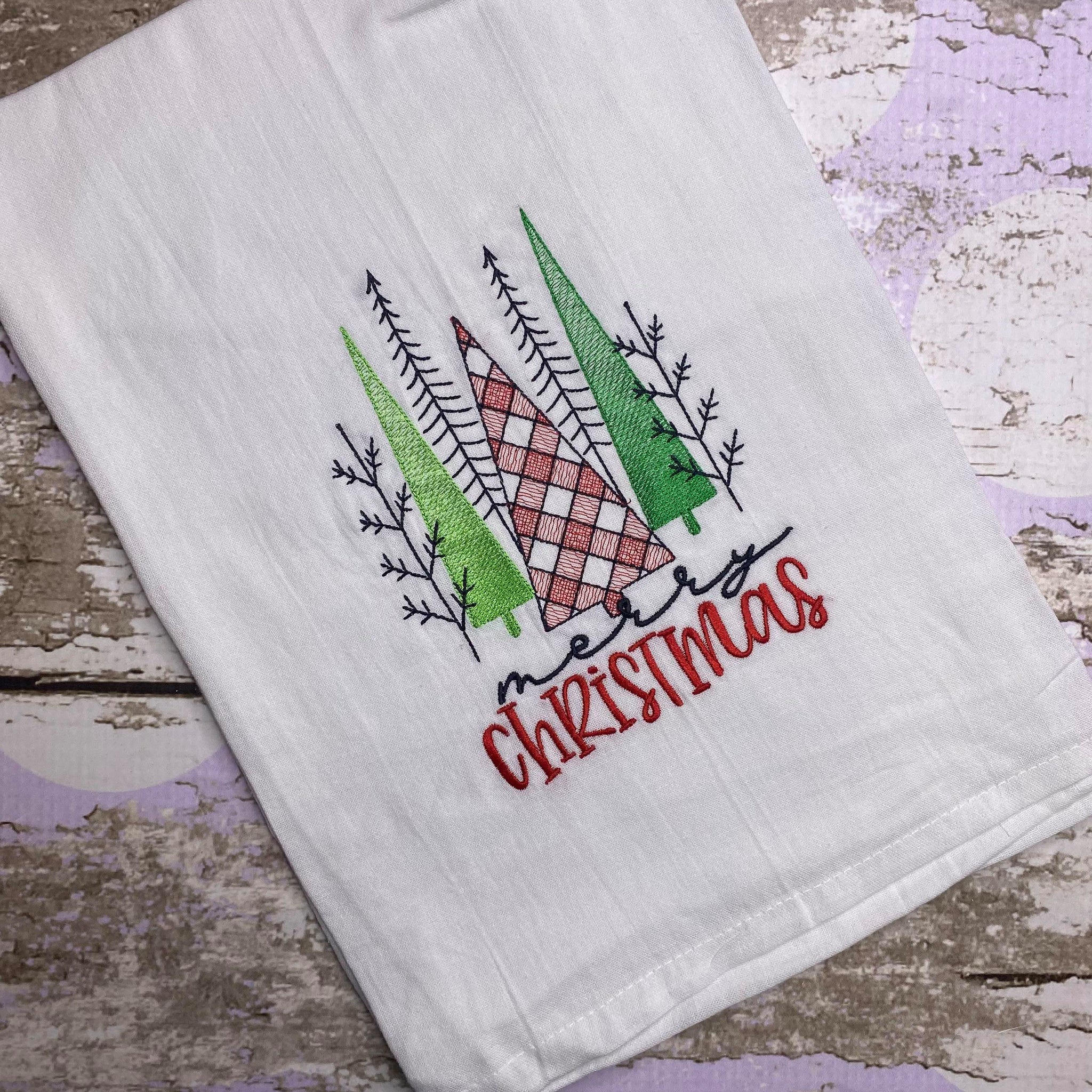 Merry Christmas Trees Embroidered Kitchen Towel - Waffle Weave Towel - Flour Sack Towel