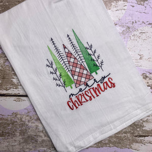 Merry Christmas Trees Embroidered Kitchen Towel - Waffle Weave Towel - Flour Sack Towel