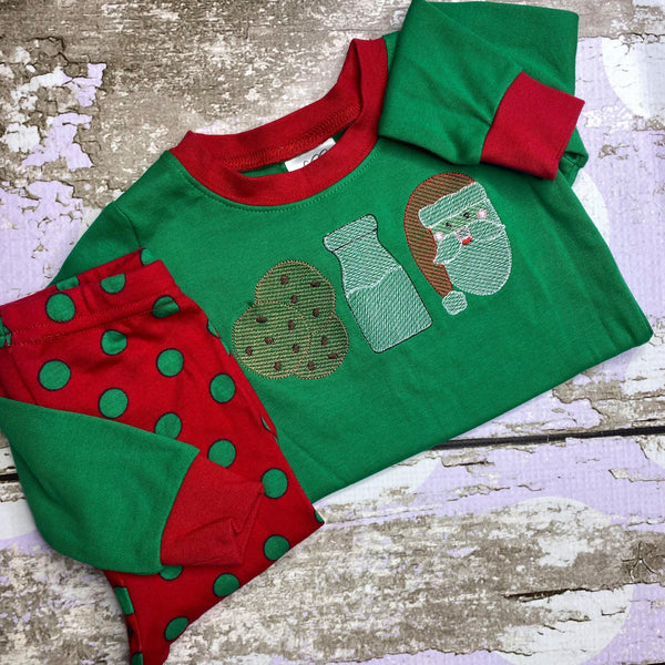 READY TO SHIP, Red and Green Polka Dot Embroidered Christmas Pajamas-Kids Christmas Shirt -Girls Winter Shirt -Santa's Reindeer-Milk and Cookies