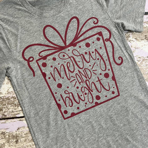 READY TO SHIP, Merry & Bright Present Screen Print Shirt-Adult Christmas Shirt -Mom Christmas Shirt-Women Christmas Shirt