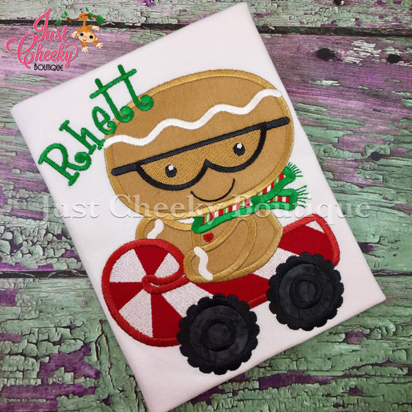 Gingerbread Boy Riding a Candy Cane Appliqued Shirt - Kids Christmas Shirt - Boys Christmas Shirt -Girls Christmas Shirt -Gingerbread Racer