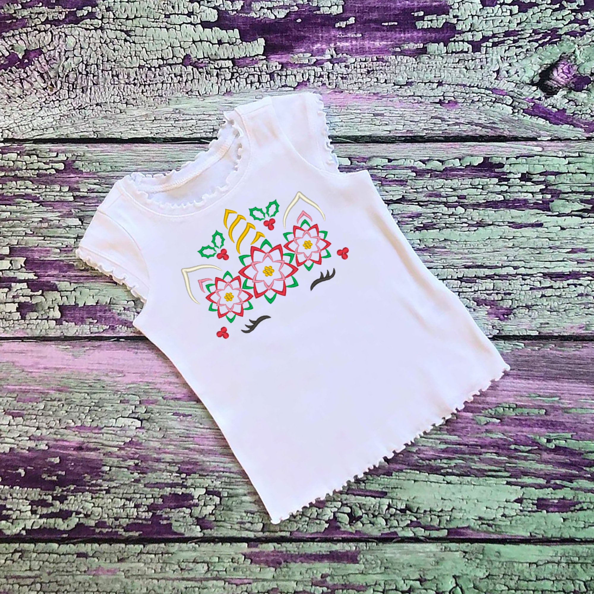 SAMPLE SALE, Poinsetta Unicorn Embroidered Christmas Shirt-Kids Christmas Shirt -Girls Christmas Shirt -Unicorn Christmas